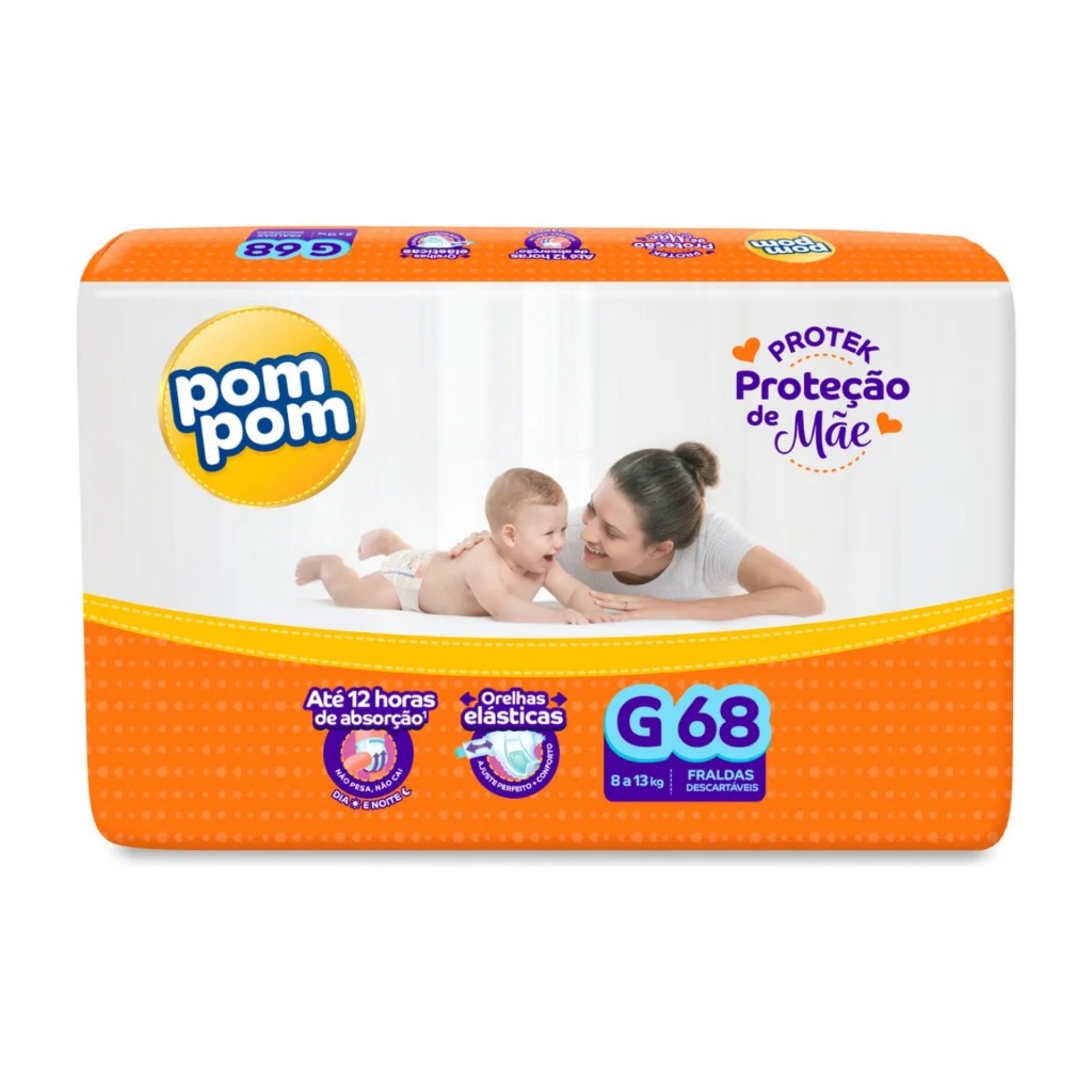Fralda Pom Pom Protek Proteção de Mãe Hiper | Tamanho G | 68 Unidades | Até 12h de Absorção
