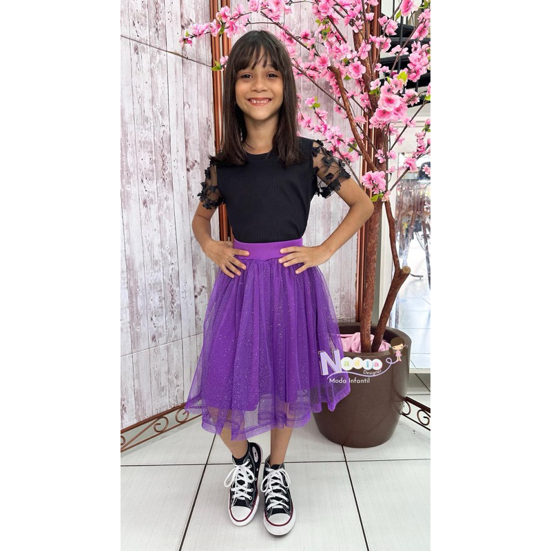 Saia Infantil de Tule com Glitter – Moda Evangélica – 4 a 14 Anos
