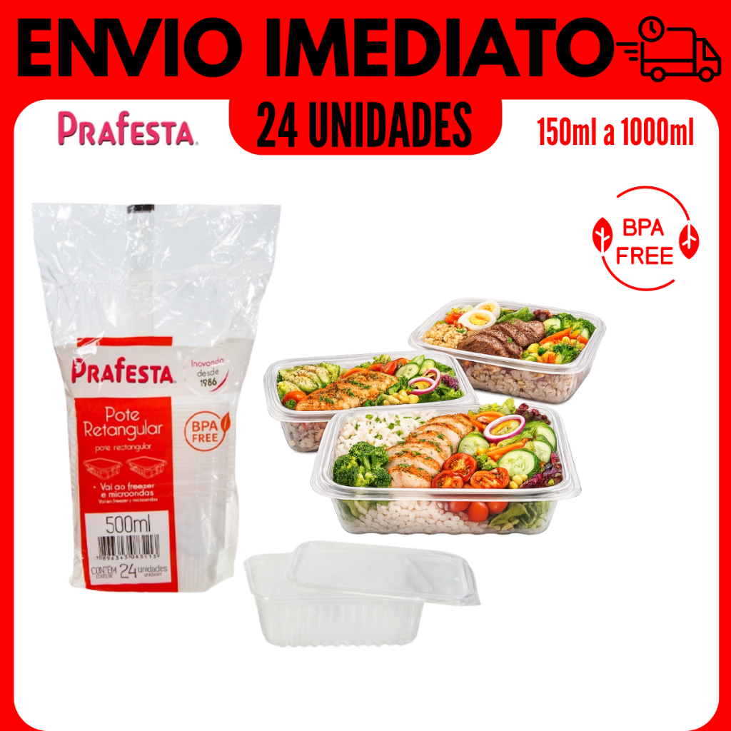 KIT POTE MARMITA DESCARTÁVEL FREEZER MICROONDAS FITNESS COMIDA CONGELADA PRAFESTA 24/48 UNIDADES POTE RETANGULAR