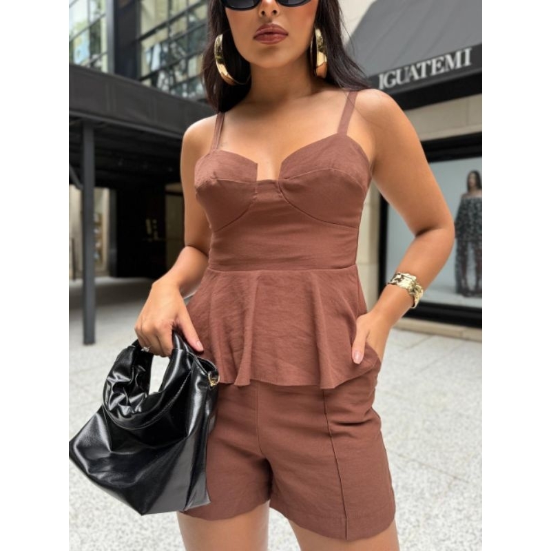 Conjunto Feminino Peplum com alça Regulável Sem bojo + Short leva forro  Elegante verão