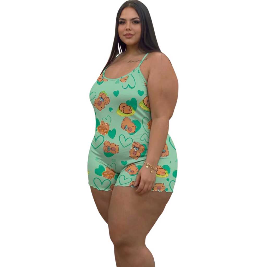 Pijama Macaquinho Plus Size Estampado Macaquinho Dormir Plus Size Confortável Soltinho
