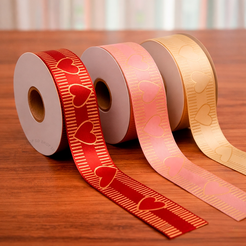 Fita Coração Vermelho Rose Dourado Decorada 32mmx100m Laço Presente Decoração Embalagem Sofisticado