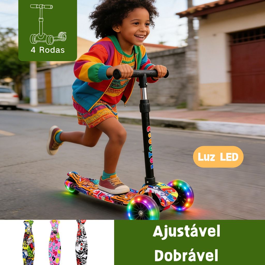 Patinete Infantil 4 Rodas De Led Dobrável Scooter Crianças Presente-5cm roda larga altura ajustável