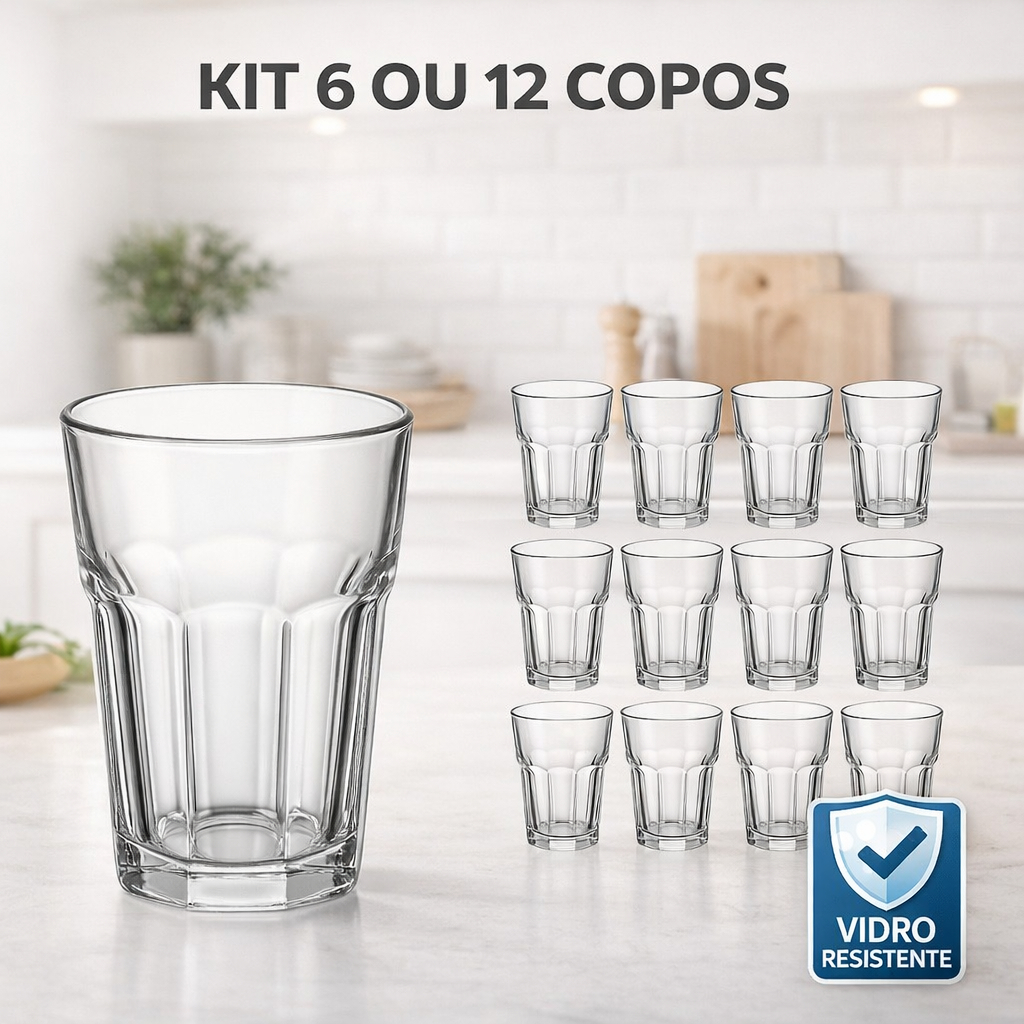 Jogo Copos Vidro 350ml Kit 6 ou 12 Ideal Para Suco, Água, Drinks, Vitaminas Vidro Resistente