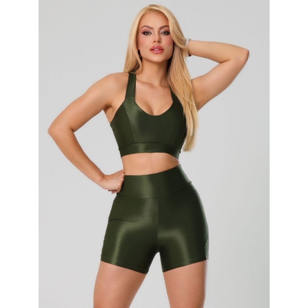 Conjunto Feminino Short Com Bolso + Top Esportivo Fitness Academia Canelado