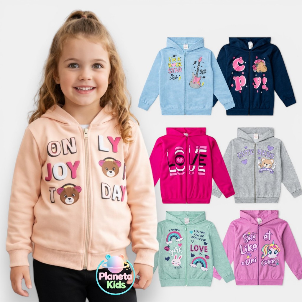 Kit 5 Jaquetas Infantil Juvenil Feminina Inverno Premium com Ziper e Capuz 1 a 16 Menina