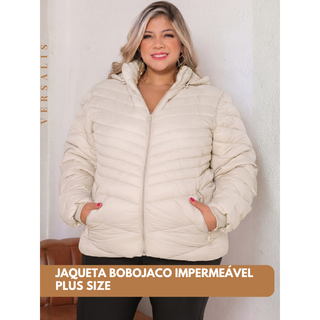 Jaqueta Bobojaco Plus Size Feminina Impermeavel Inverno Gominhos com Touca Removivel e Bolsos com Zíper