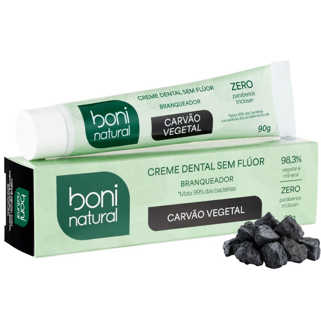 Creme Dental Natural Sem Flúor Carvão Vegetal e Menta 90g - Boni Natural