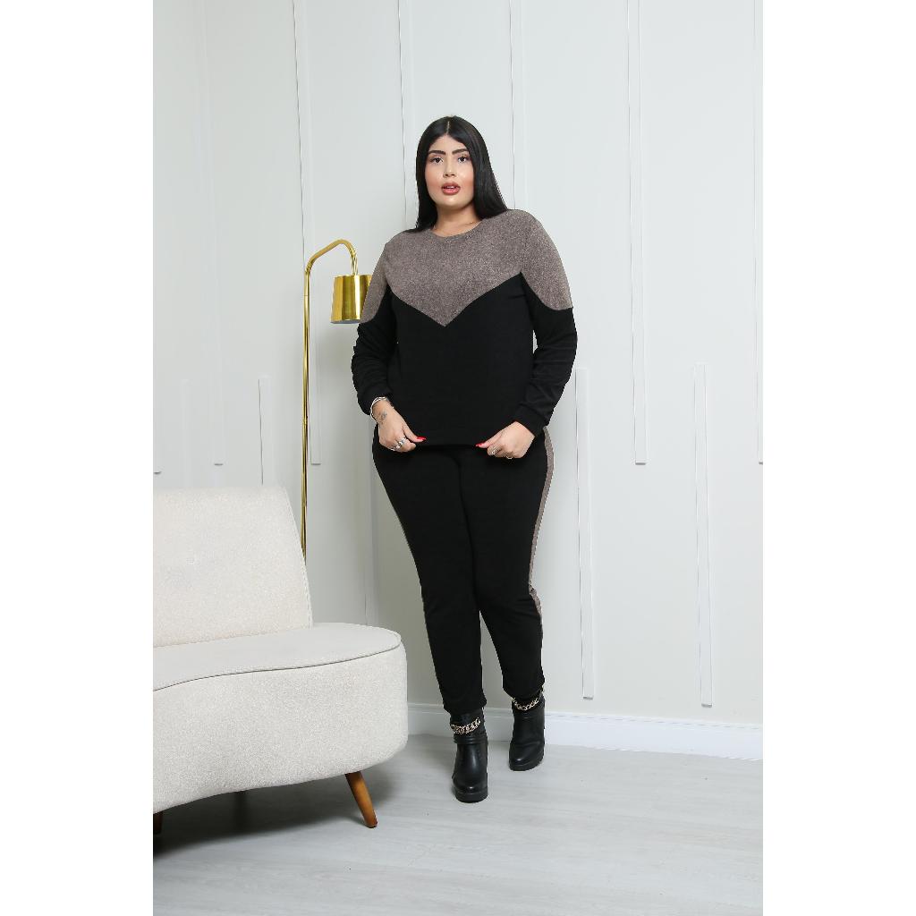 Conjunto Feminino Plus Size Blusa Manga Longa e Calça Com Bolso Bicolor Tecido Bucle Atemporal Outono*PreçoBaixo*LuaChic