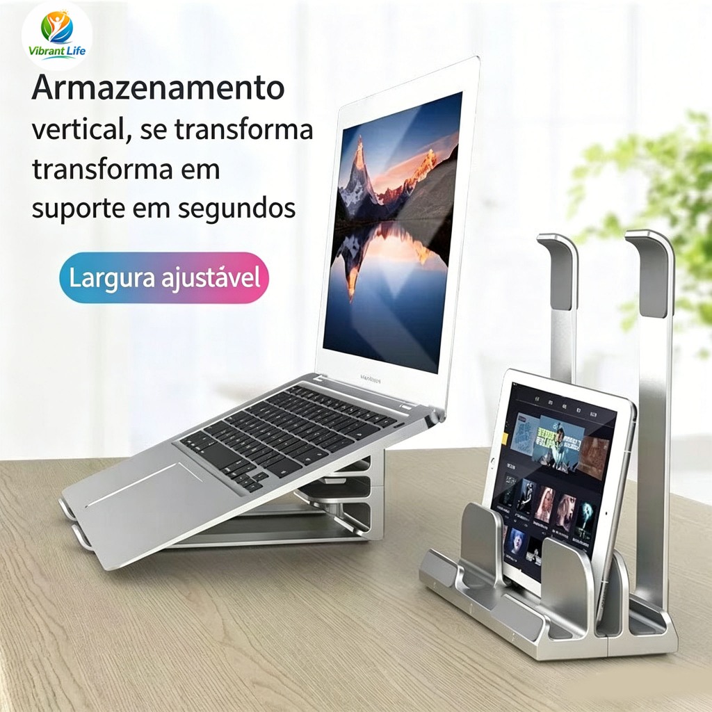 Suporte Notebook Vertical 2 em 1 Ajustável, Organizador de Mesa para Laptop Economia de Espaço