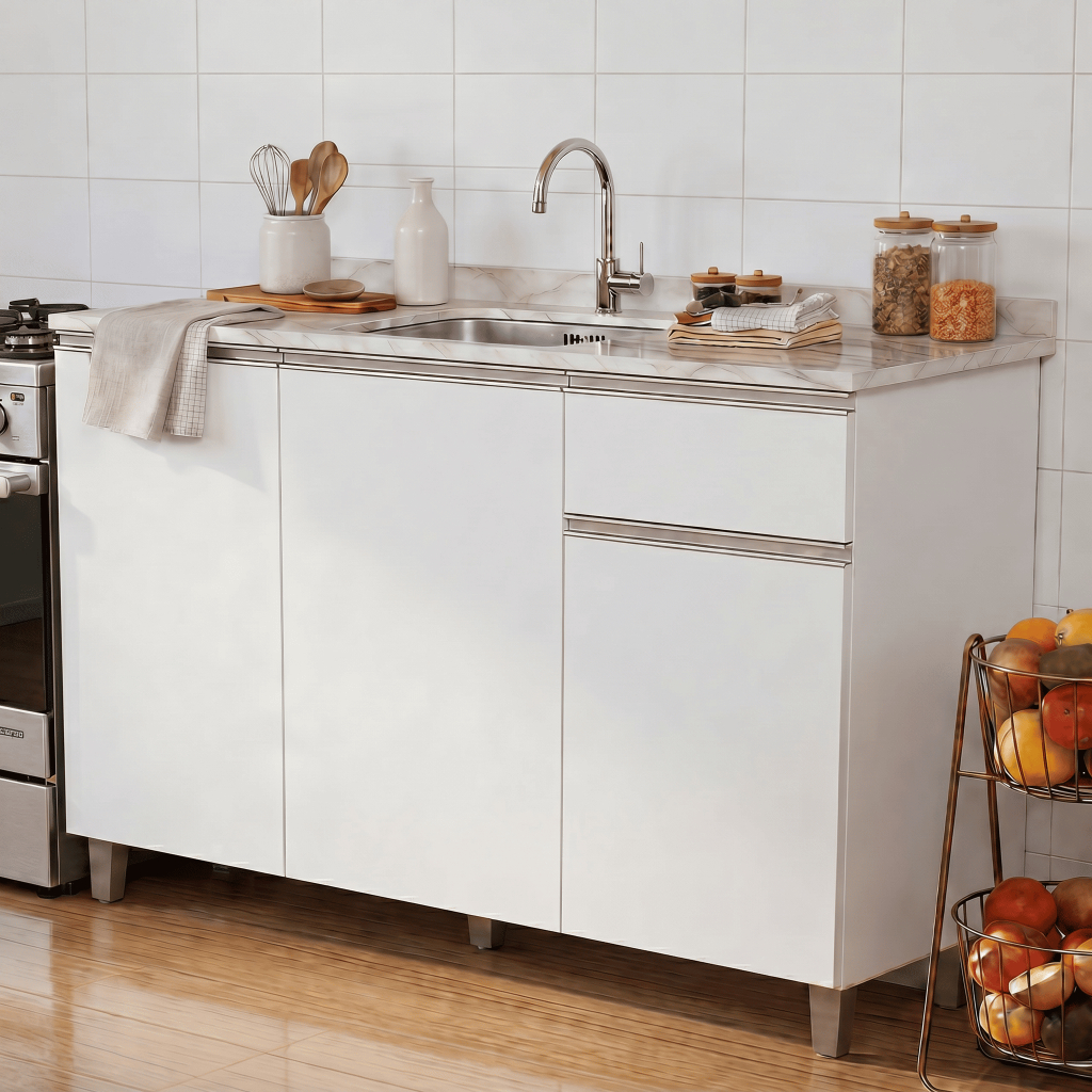 Armário Cozinha Balcão 3 Portas 1 Gaveta Cozinha Moderna MDF Branco Puxador Alumínio - Blue Moby