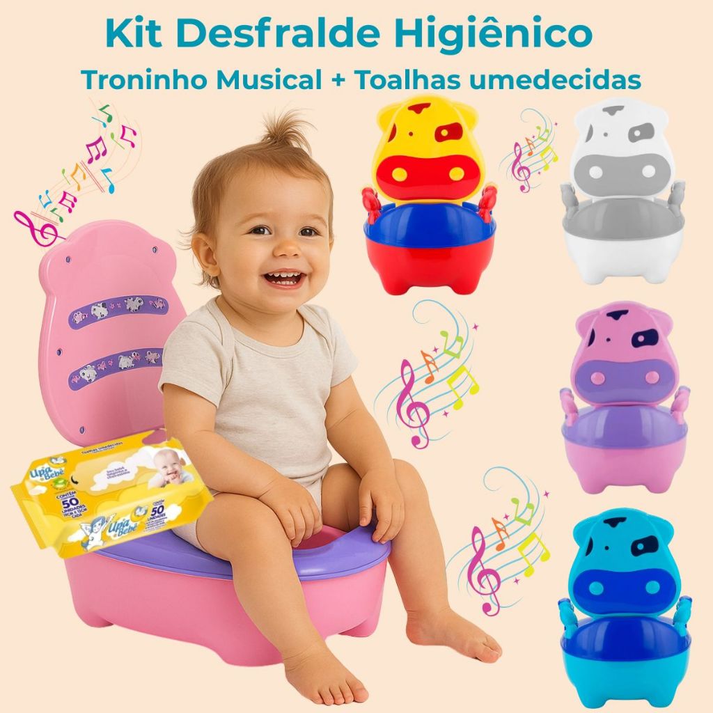 Kit Troninho Pinico Bebê Menino Menina Infantil Musical + Lenços Toalhas Umedecidas 50 unidades