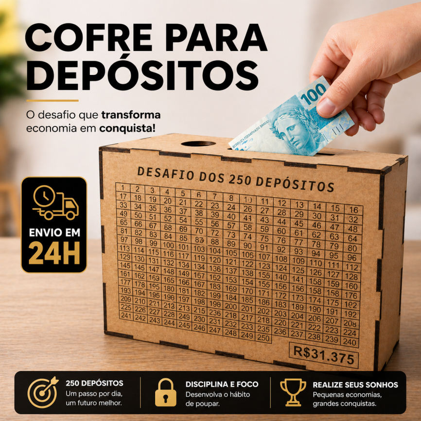 Cofre Caixa de Desafio Financeiro em MDF | 250 Depósitos 5 Mil 10 Mil