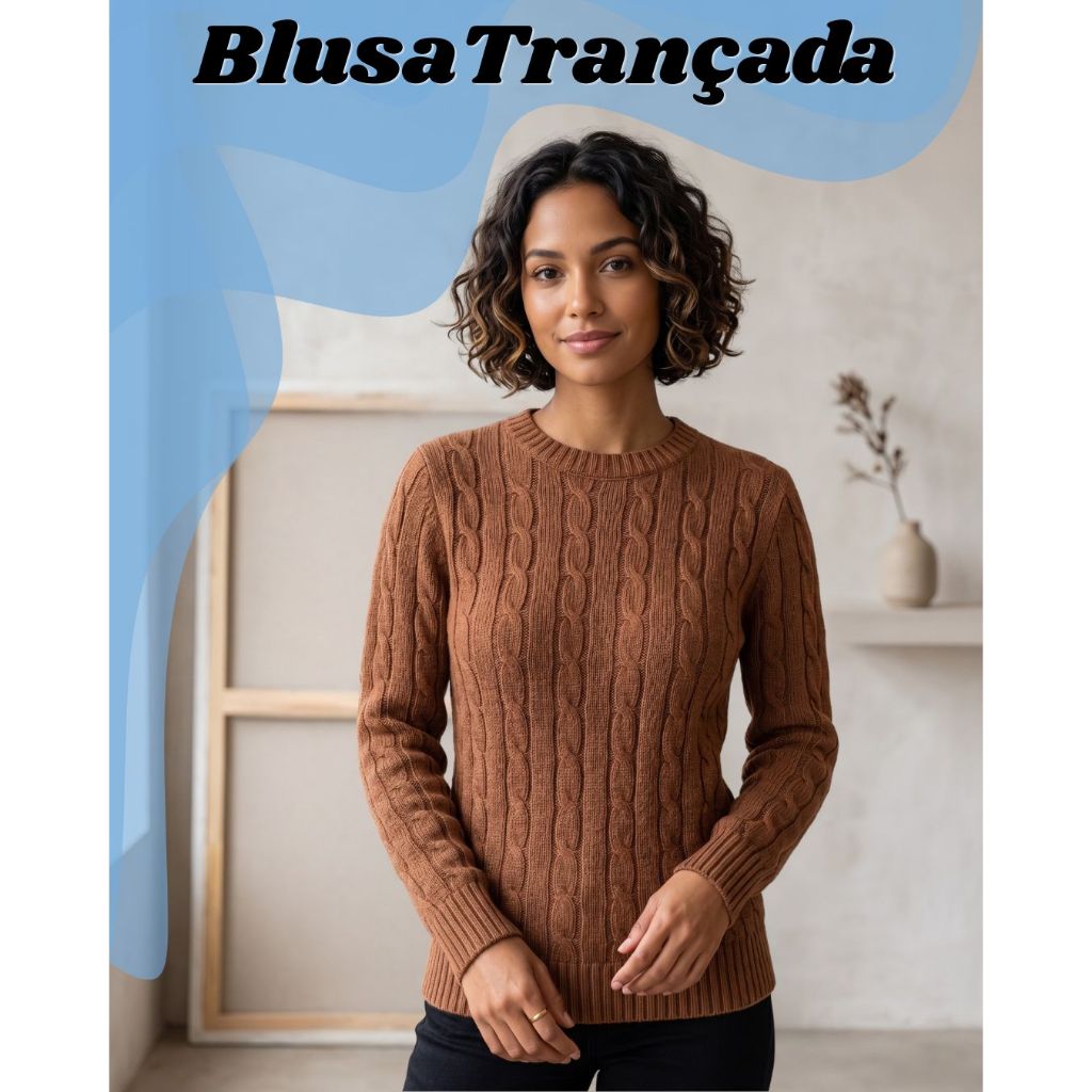 Blusa Feminina Trançada Tricot Suéter Detalhada Gola Redonda Manga Longa Tricô Canelada Inverno