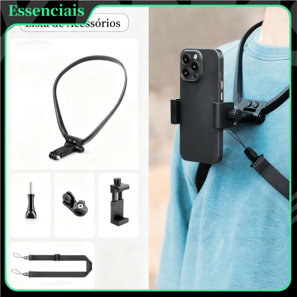 Kit Atualizado 5 Peças: Suporte de pescoço estic. com rotação de 360°, compatível com celular e câmera de ação