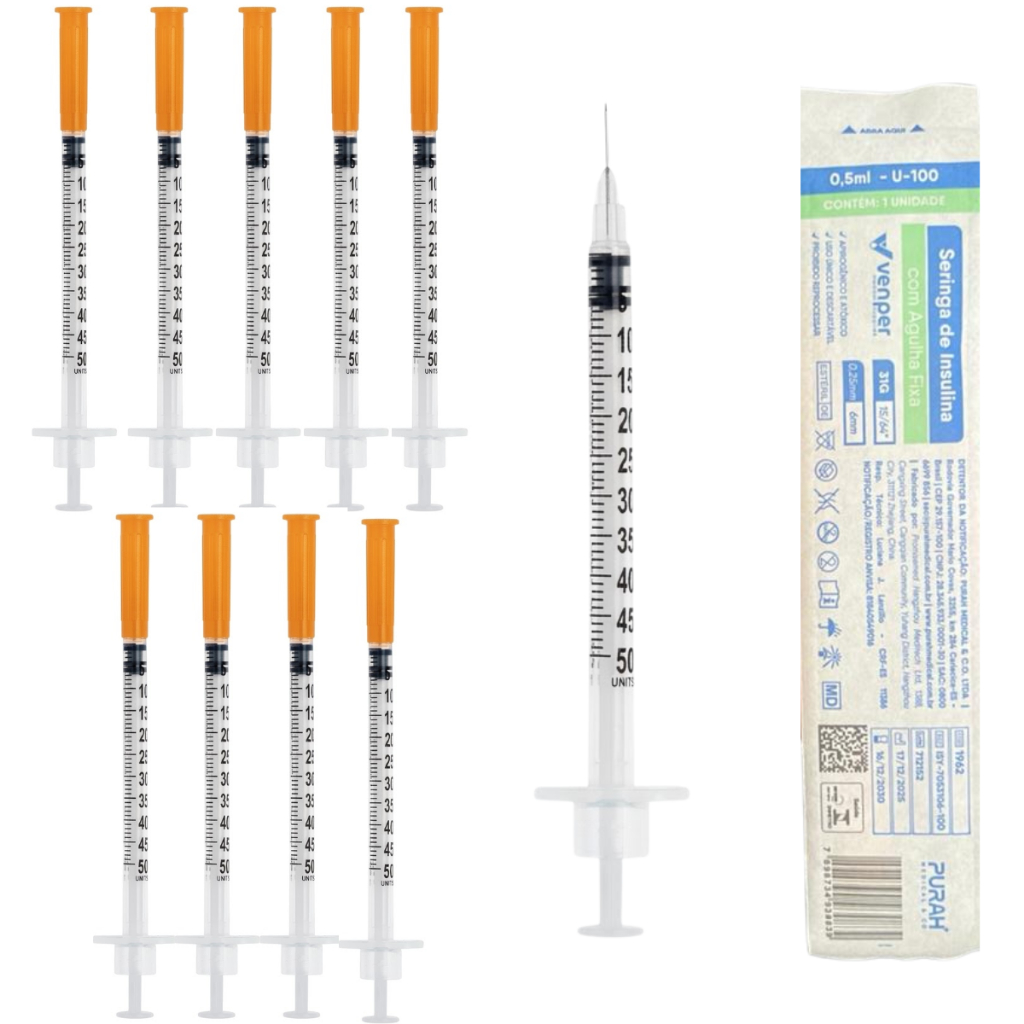 Kit 10 Seringas Insulina 0,5ml Agulha Fixa 6mm X 0,25mm Venper UltraFina 50UI