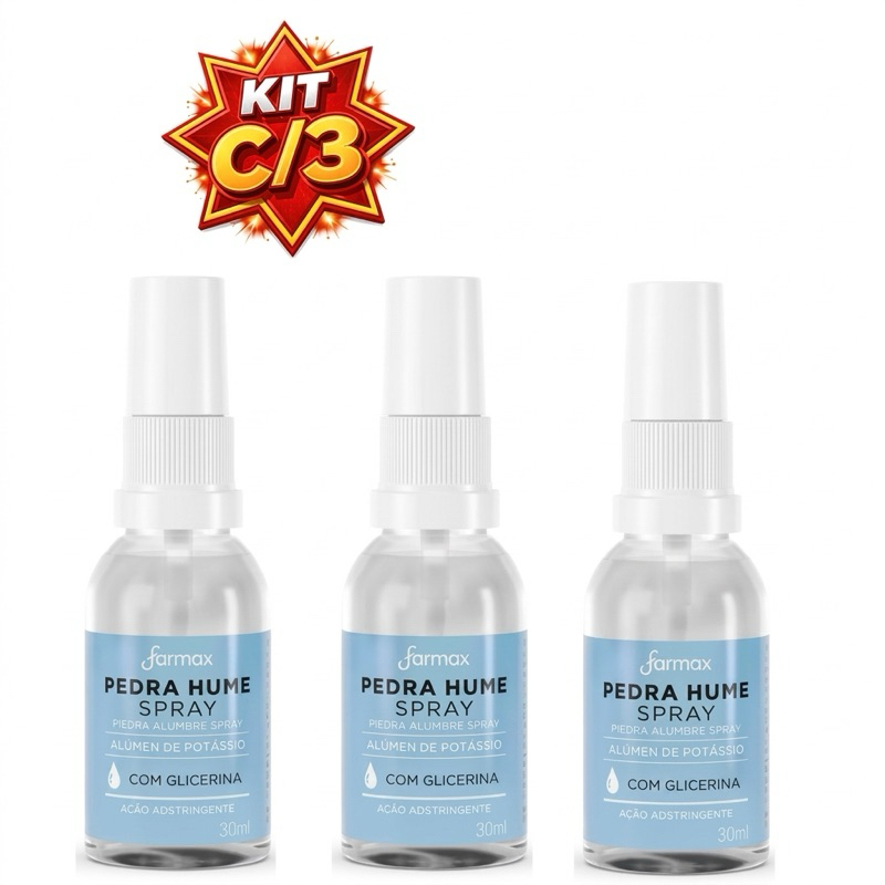 Kit c/2 ou c/3 Pedra Hume Spray com Glicerina 30mL FARMAX - Acelera a cicatrização de pequenos ferimentos