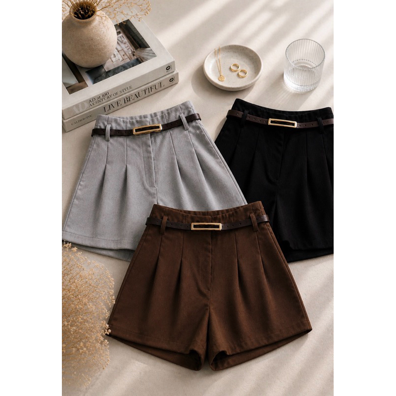 Kit 3 Short Feminino Curto Com Cinto Alfaiataria Tendência