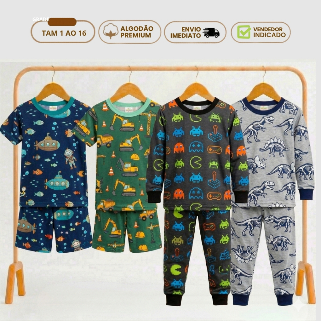 Kit 4 Peças Pijama Infantil Menino Verão e Inverno 1 Conjunto Pijama Verão 1 Conjunto Pijama Inverno Algodão 1 a 16 anos