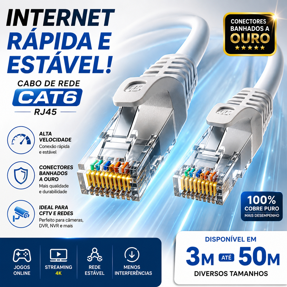 Cabo de Rede RJ45 CFTV Cat6 de 3 a 50 Metros Conector Banhado a Ouro Internet Alta Velocidade