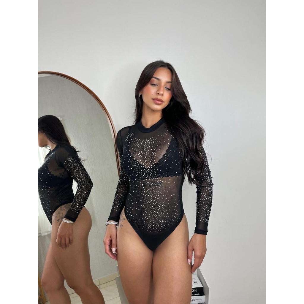 Body Feminino Brilho Com Pedraria Aplicações De Strass Look Noite Festa Luxo