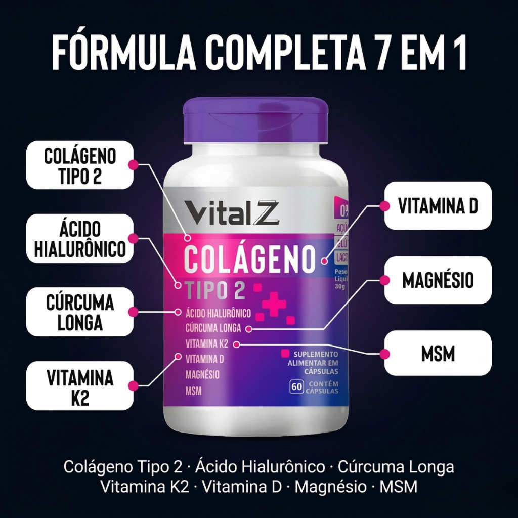 Colágeno Tipo 2 + Ácido Hialurônico + Cúrcuma + Vitaminas K2 e D – 60 Cápsulas Vital Z