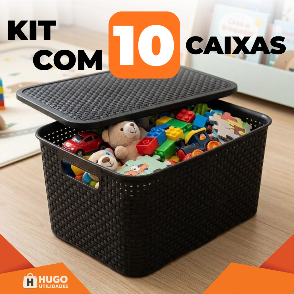 Kit 10 Caixas Cesto Organizadora Rattan 7 Litros Com Tampa Preto