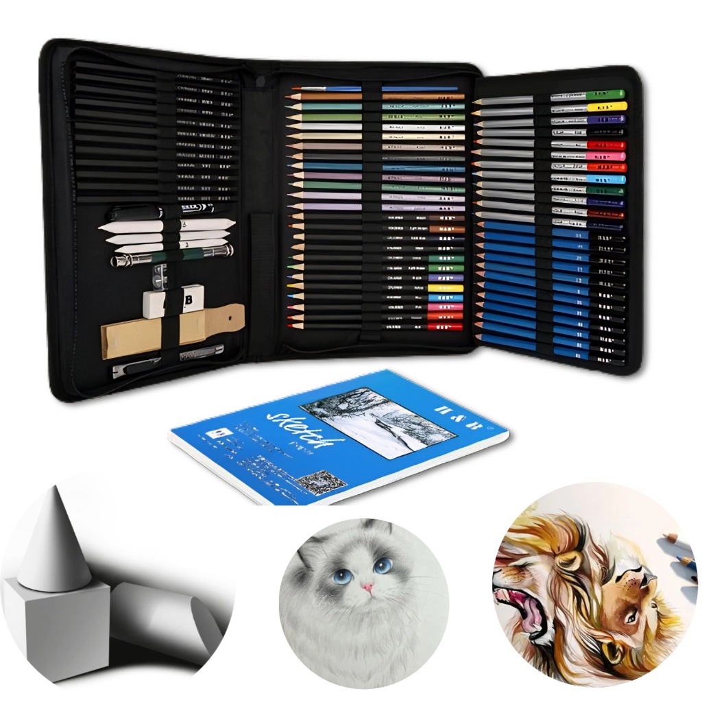 Estojo de Lápis para Desenho e Pintura Profissional 35 71 96 Peças com Sketchbook Grátis