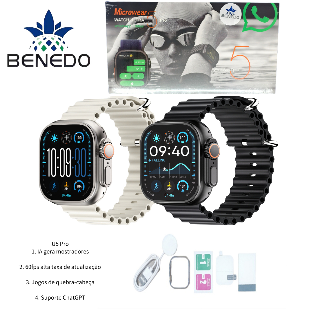Smartwatch Microwear Ultra 5 Pro 49mm 2 Pulseiras Series 11 IP68 Aprova d'agua Responde Chatgpt GPS