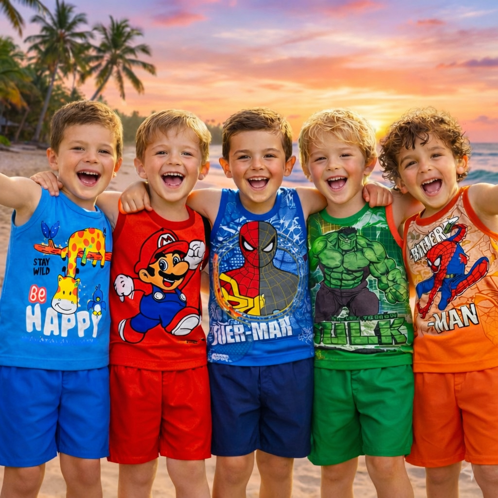 Kit 10 Peças de Roupas Infantil Menino Estampas Sortidas Com 5 Camisetas + 5 Bermudas