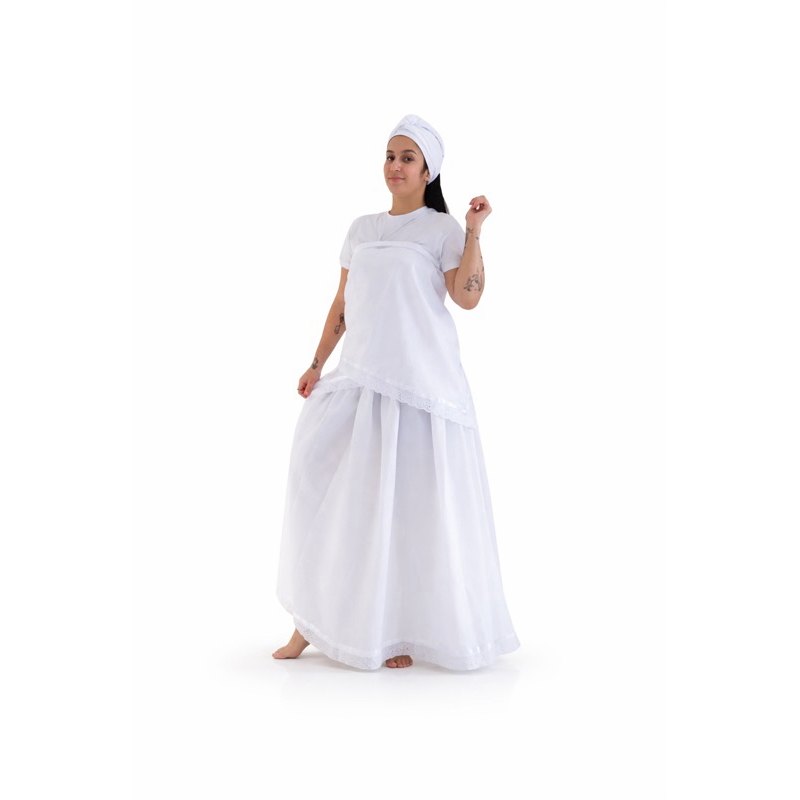 Umbanda Candomblé Conjunto 3 Peças Saia Pano da Costa Pano de Cabeça Oxford Branco (Envio Rápido)
