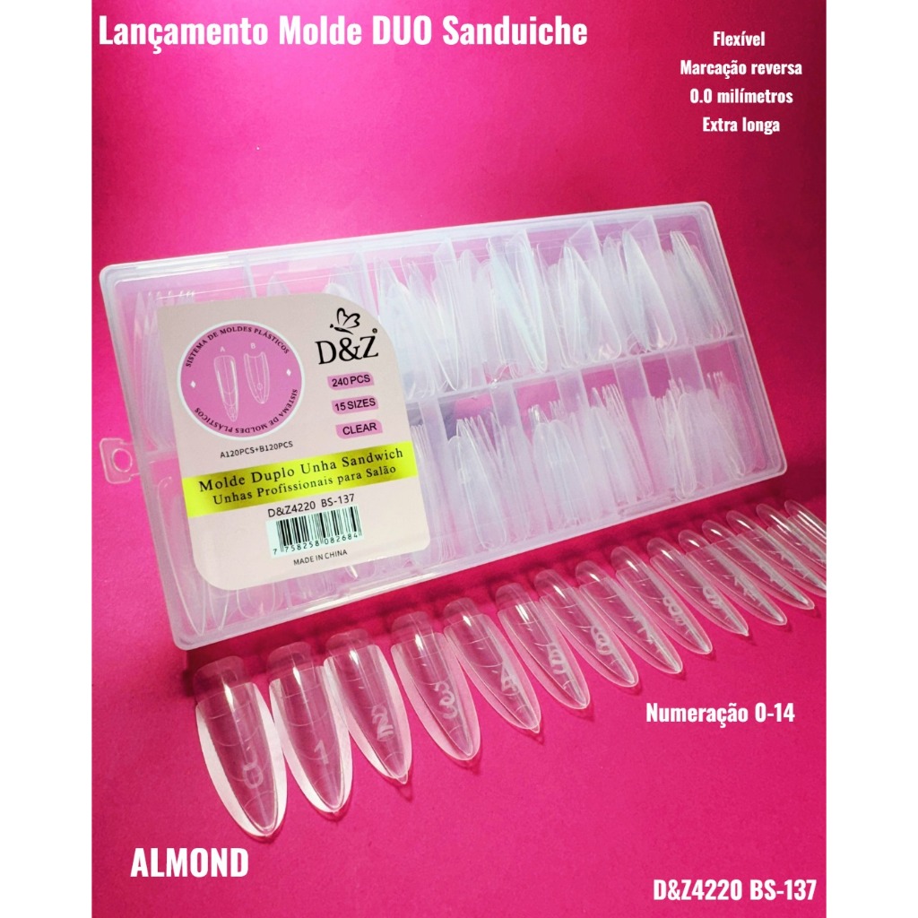 Molde F1 DUO Sanduiche D&Z Alongamento Unha Gel 240pcs Almond, Quadrado e Almond Natural
