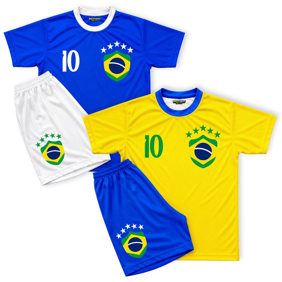 Kit Conjunto Infantil do Brasil CAMISA + SHORT Camiseta Bermuda Unissex Copa do Mundo Futebol