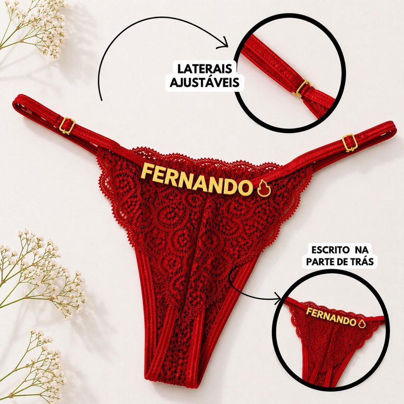 Calcinha de Renda com Nome e Frase Personalizada - Presente Sexy e Exclusivo Nome Atrás