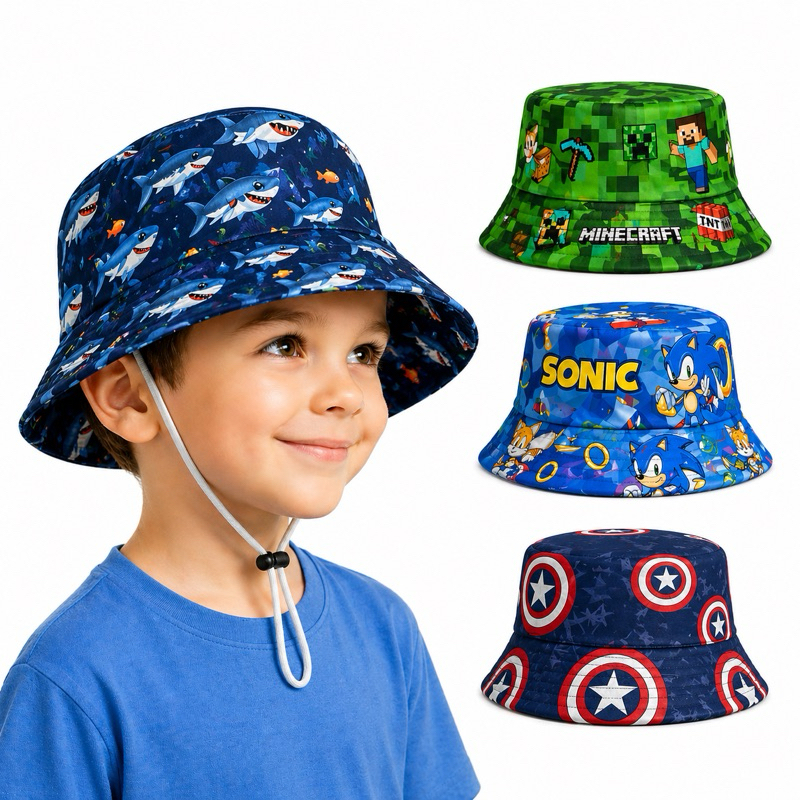 Chapéu Infantil de Praia UV50+ Bucket Infantil masculino Chapéu Para Menino com Cordinha