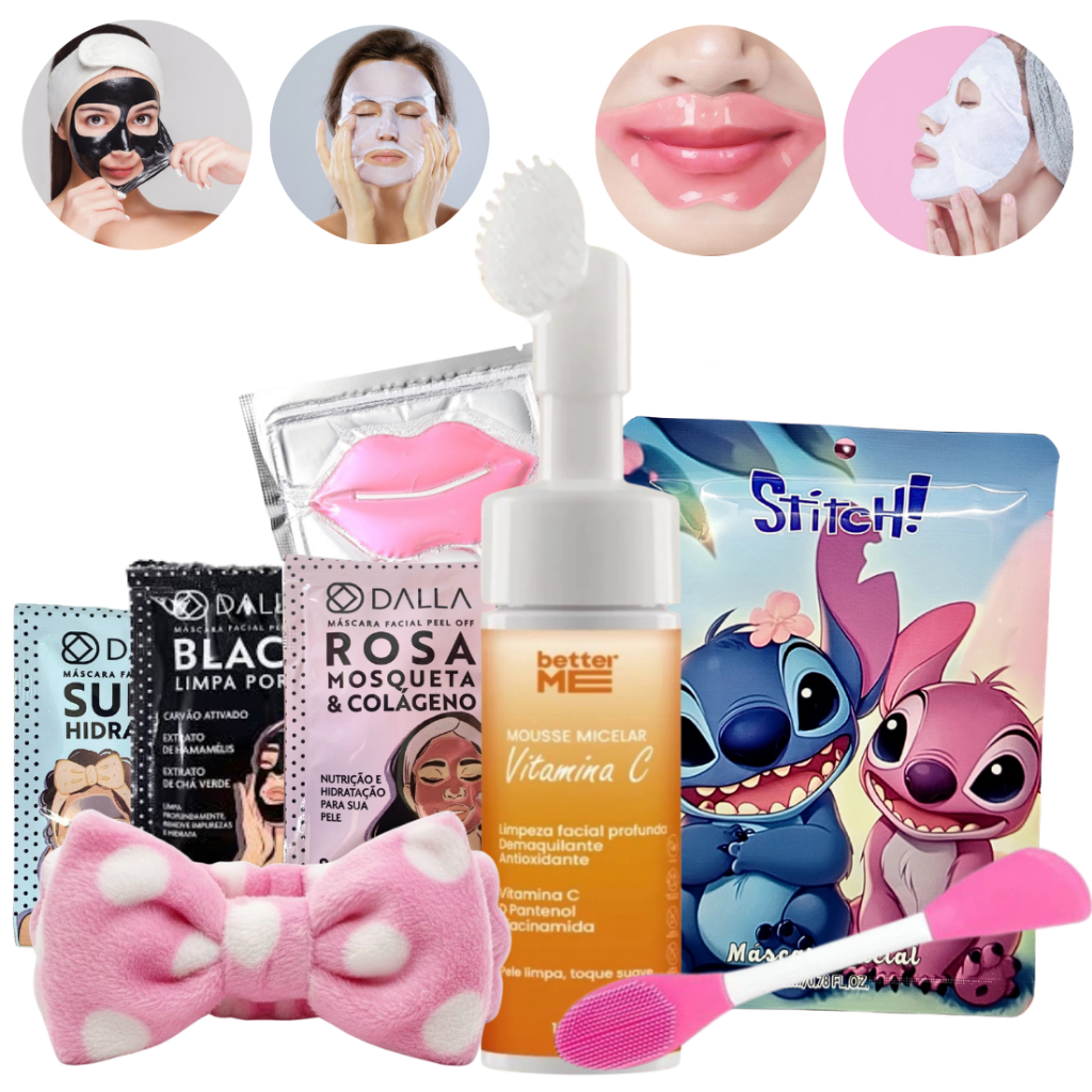 Kit Skincare Limpeza de Pele Facial - Mousse VITAMINA C - 3 Mascara PeelOff - Mascara Labial - Stitch - Faixa Espatúla