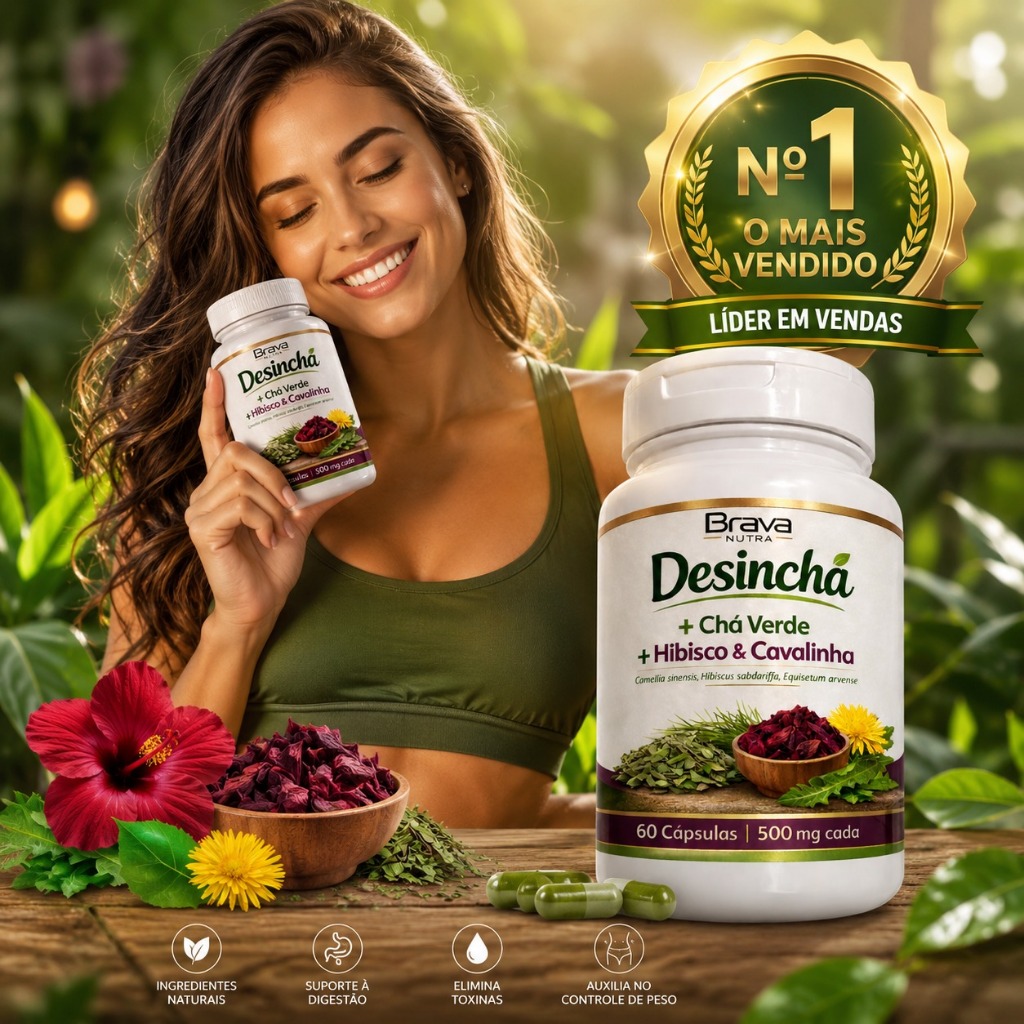 Desinchá Natural Brava Nutra | Chá Verde + Hibisco + Cavalinha | Reduz Inchaço | 60 Cápsulas