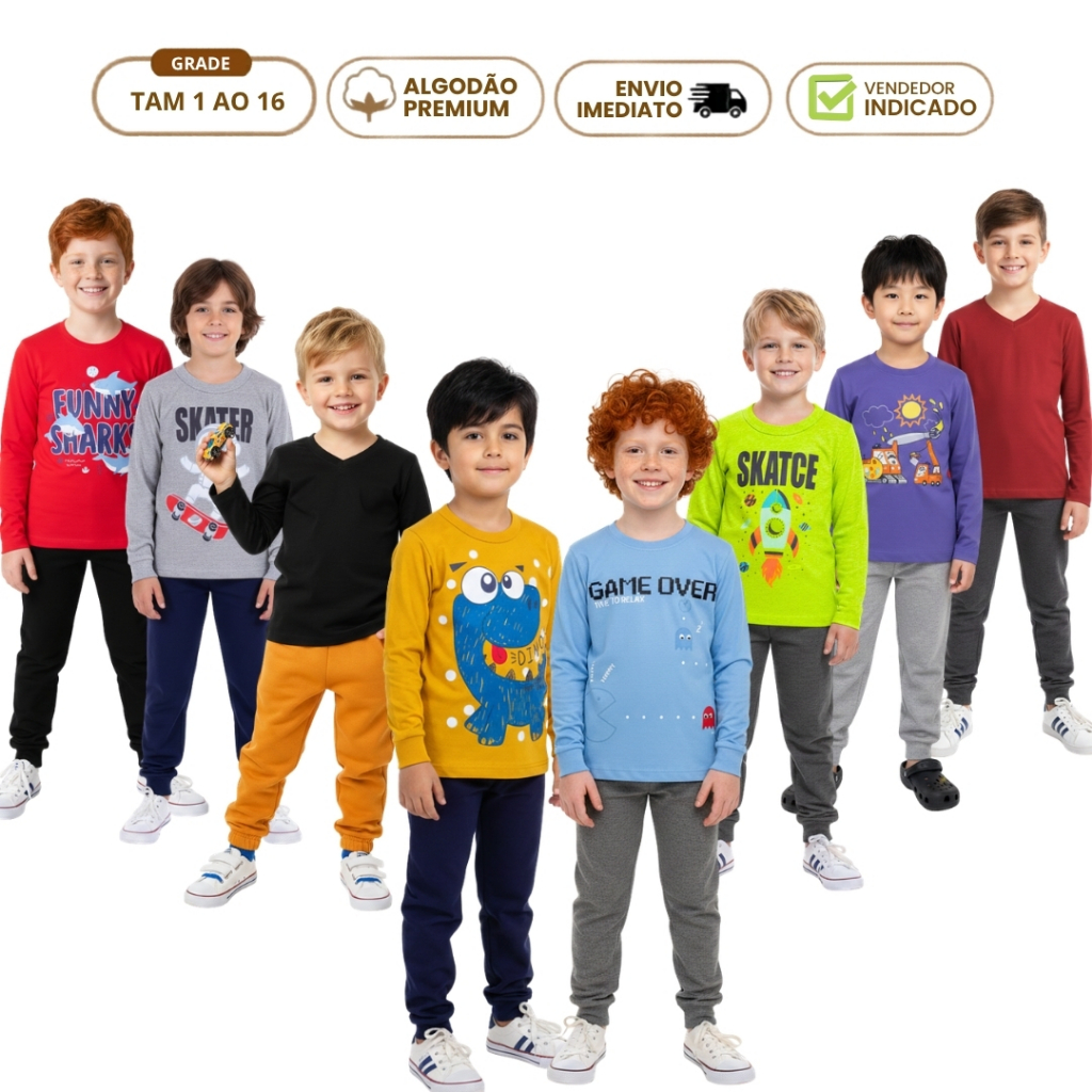 Kit 6 Peças Conjunto 3 Calça Moletom Masculino Infantil e 3 Camiseta Manga Longa Menino Inverno Frio Peluciada Quente