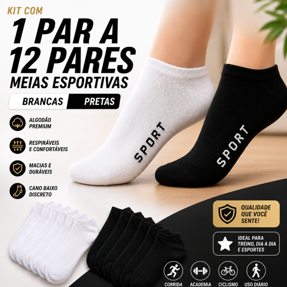 Kit 1 a 12 Pares Meia Soquete Masculina e Feminina Cano Curto Confortável Respirável