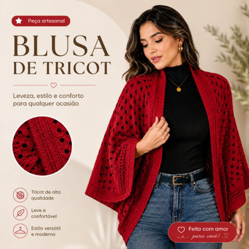CASACO CASULO CAPA KIMONO RENDADO INVERNO TRICOT ELEGANTE ÚNICO 40 ao 48