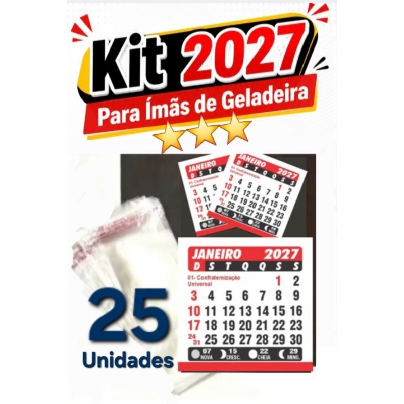 Mini Kit 25 Calendários 2027 + 25 Sacos 6x12cm + 25 Pedaços Ímã Adesivado 2x2,8cm