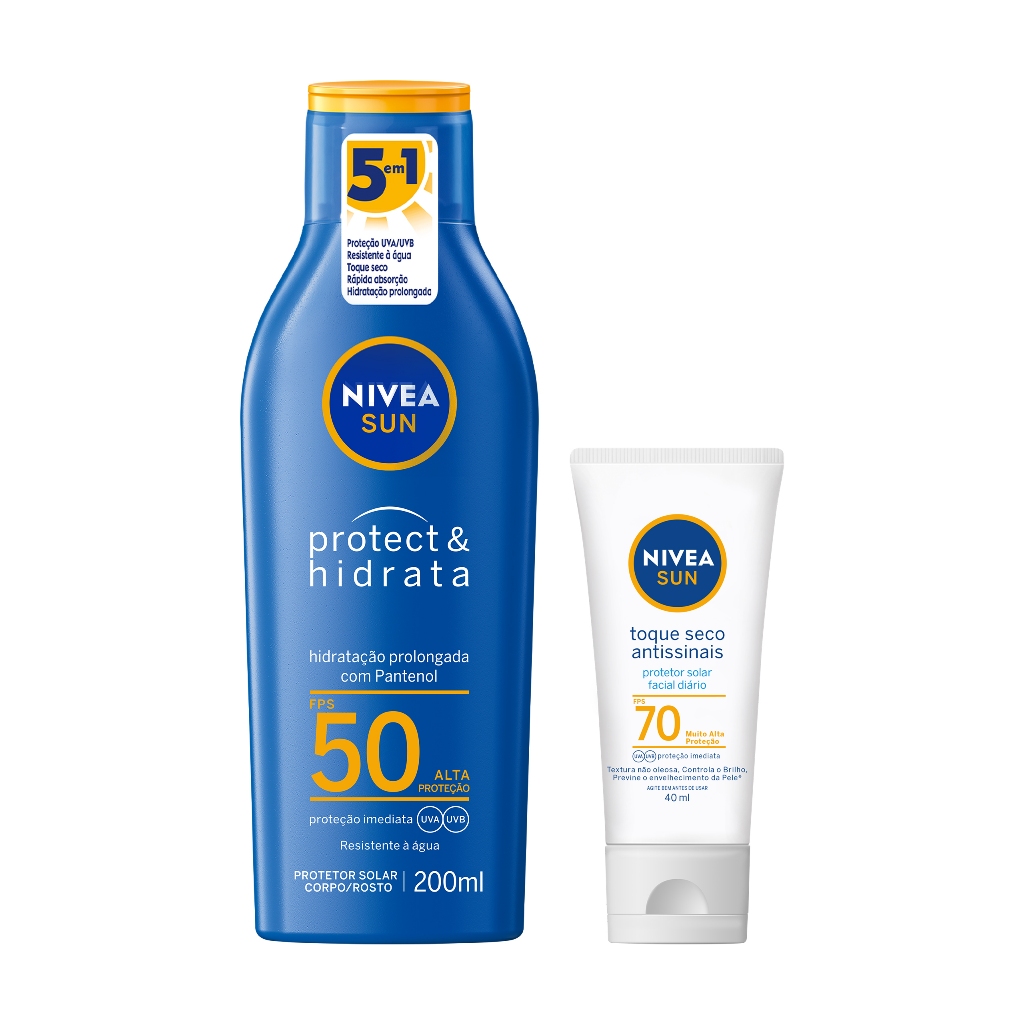 KIT NIVEA SUN Protetor Solar Protect & Hidrata FPS50 200ml + NIVEA SUN Facial Toque Seco Antissinais FPS70 40ml