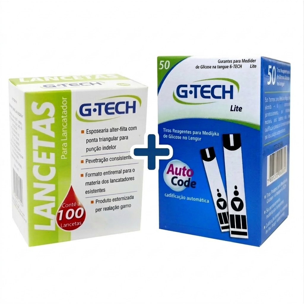 KIT 50 TIRAS DE MEDIR GLICOSE  G TECH LITE + 100 LANCETAS G TECH