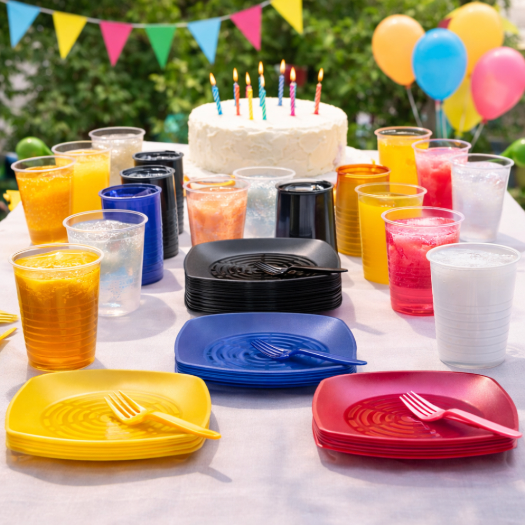 Kit Festa Aniversário 50 Pessoas Acrílico Pratos Copos Garfos