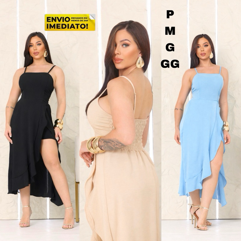 Vestido Macaquinho Assimétrico Feminino Elegante com Fenda Lateral Com Alça