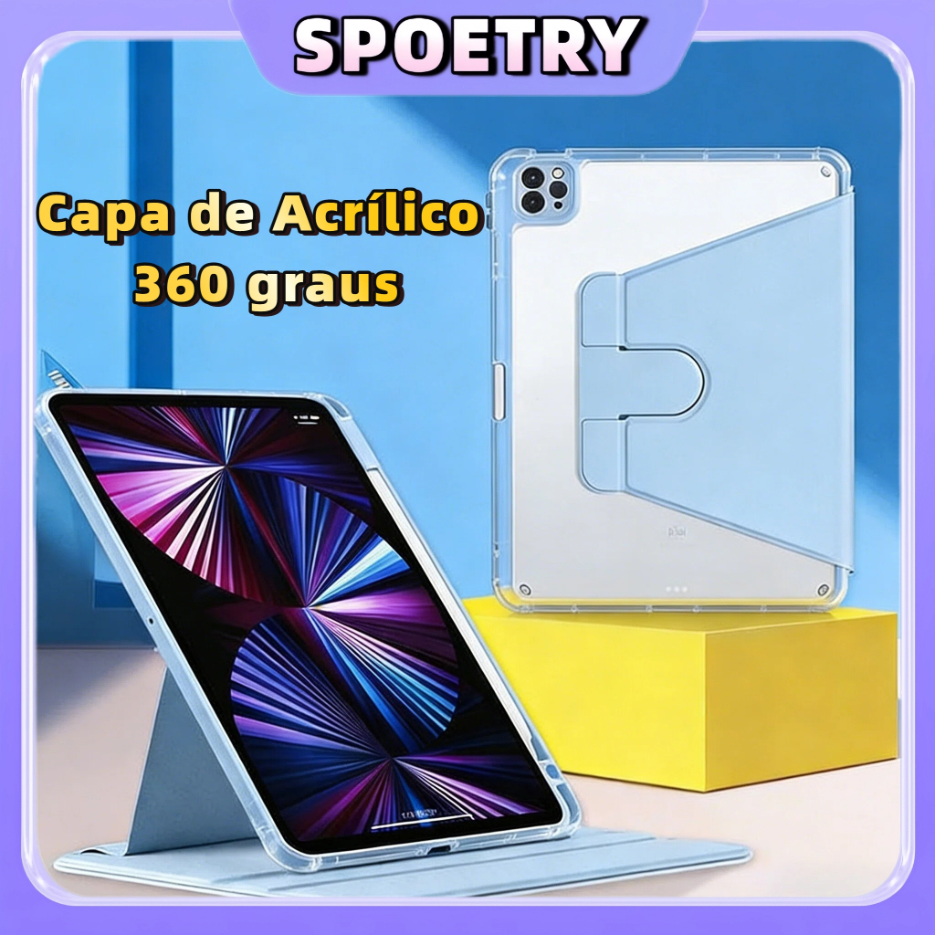 Capa de Acrílico COM SUPORTE PARA CANETA rotação de 360 graus COMPATIVEL iPad 10 7 8 AIR 11 5 4 3 PRO 11 A16 M2 M3