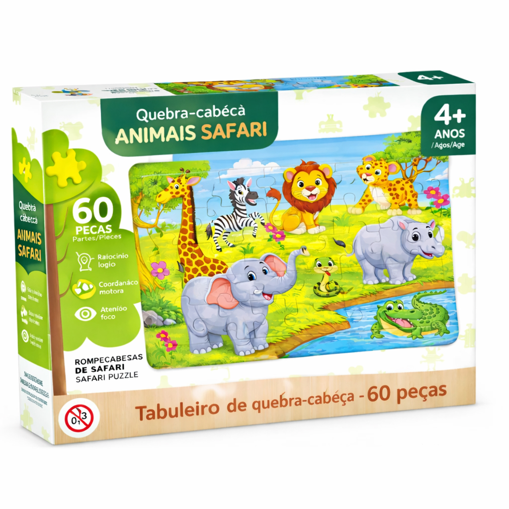 Quebra-cabeça de Madeira com 60 Peças em 1 Tabuleiro para Crianças, Animais,  Desenhos Animados