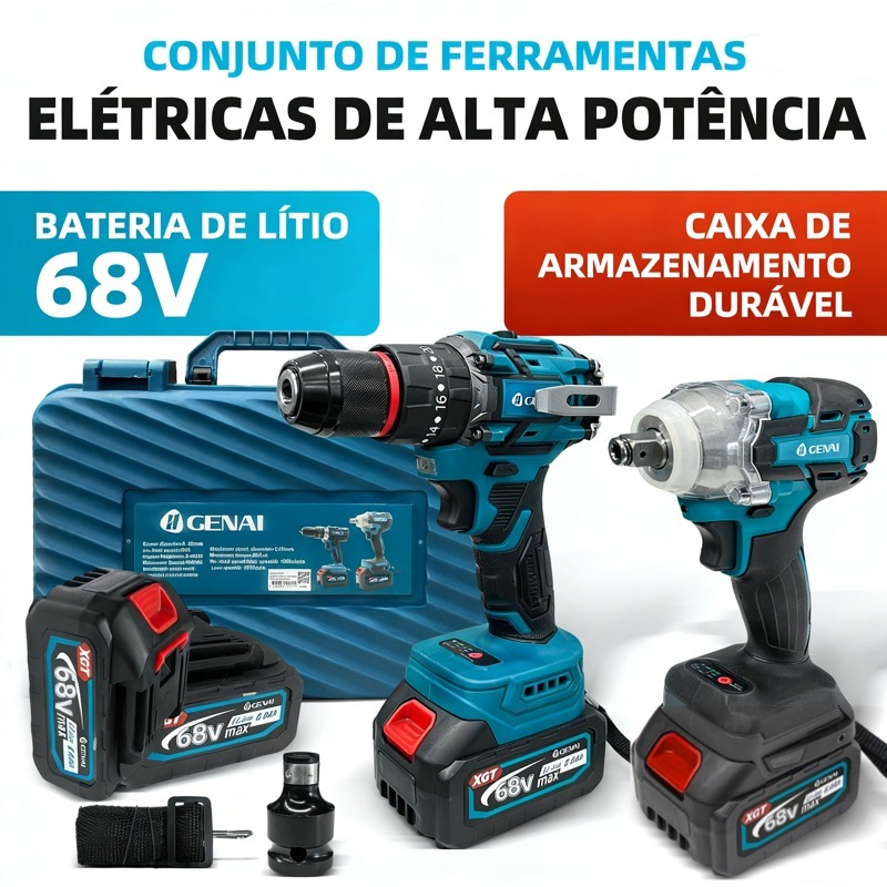 【GENAI】68V/21V Kit 2 ​​Furadeira Parafusadeira ​Elétrica​ e Chave de Impacto A Bateria Potente Brushless 2 Baterias