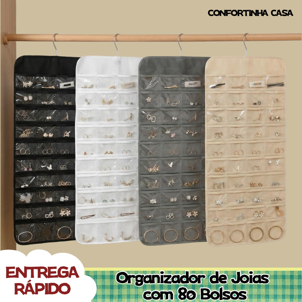 Organizador de Joias 80 Bolsos Grande Porta Bijuterias Saco de Armazenamento