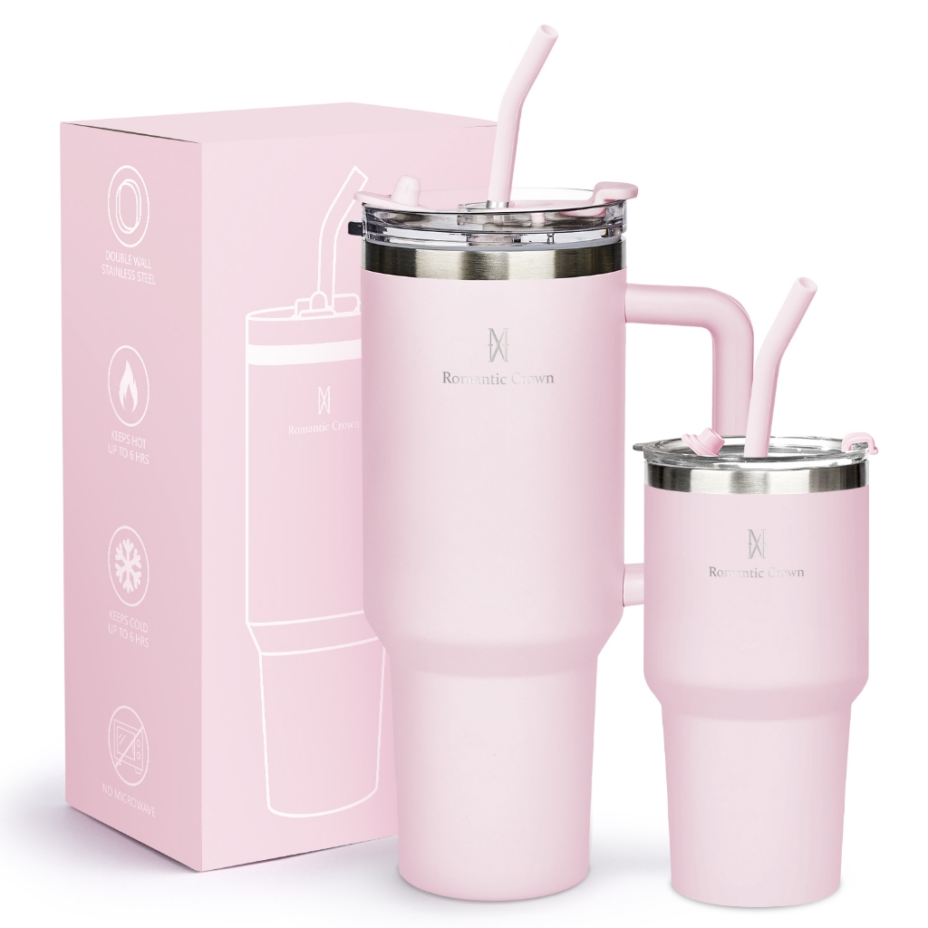 ROMANTIC CROWN Kit 2 Copo Térmico Inox Portátil 1200ml/600ml Garrafa Térmica Inoxidável com Tampa e Canudo